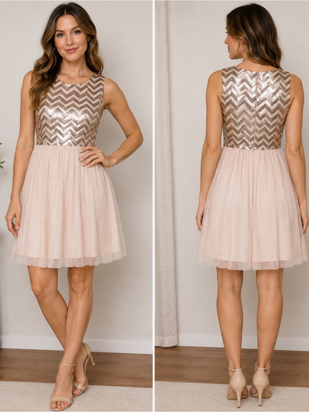 Blue Rain gold Chevron sequin Fit and Flare Formal Dress